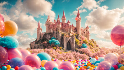 Cute fairytale castle in the clouds - obrazy, fototapety, plakaty