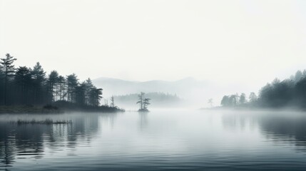 Fototapeta premium a body of water surrounded by trees in the middle of a foggy day with a boat in the middle of the water. generative ai