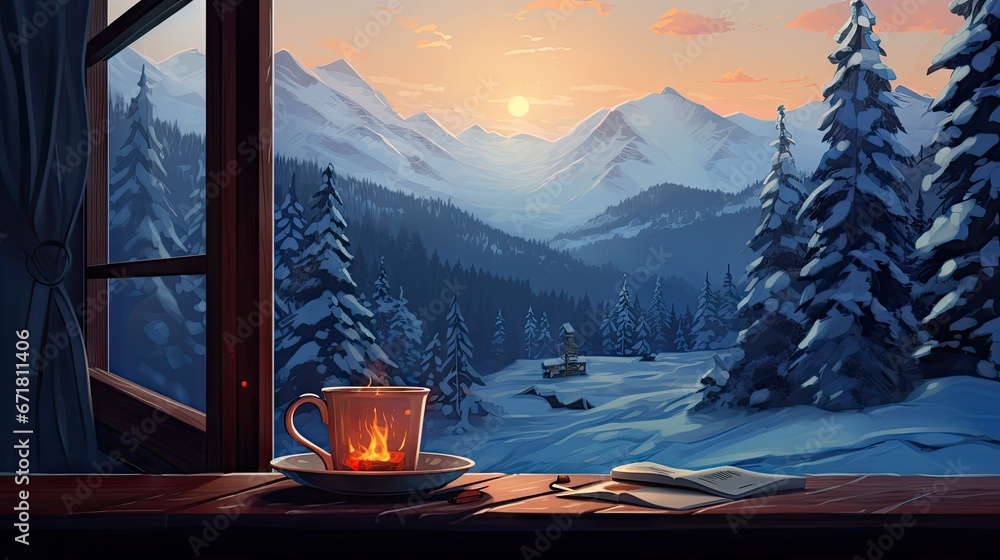 Poster a cup of coffee sits on a table in front of a window with a view of a snowy mountain range. generati