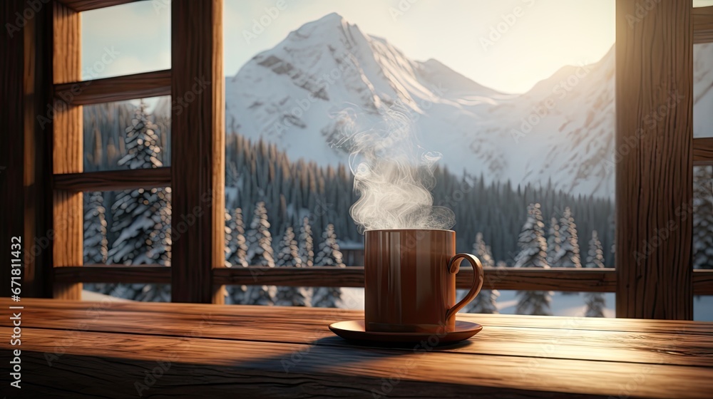 Poster a cup of coffee sitting on a wooden table in front of a window with a view of a snowy mountain. gene