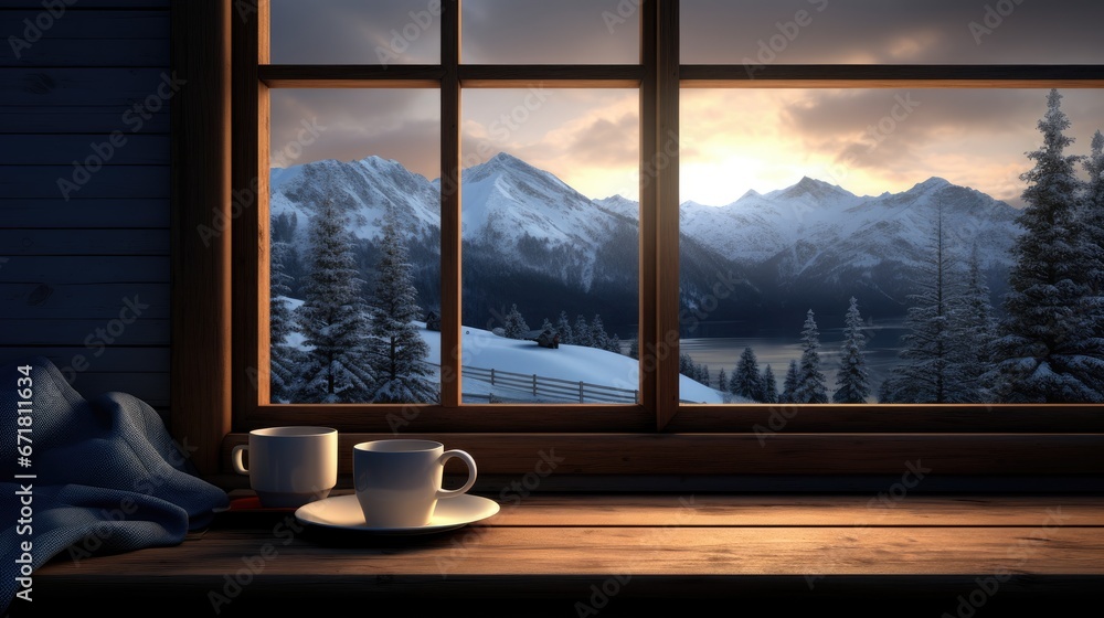 Poster two cups of coffee sit on a table in front of a window with a view of a snowy mountain range. genera