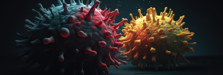 Obraz premium Close-up of red and yellow viruses on a dark background.