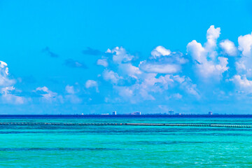 Tropical caribbean sea panorama view to Cozumel island cityscape Mexico.