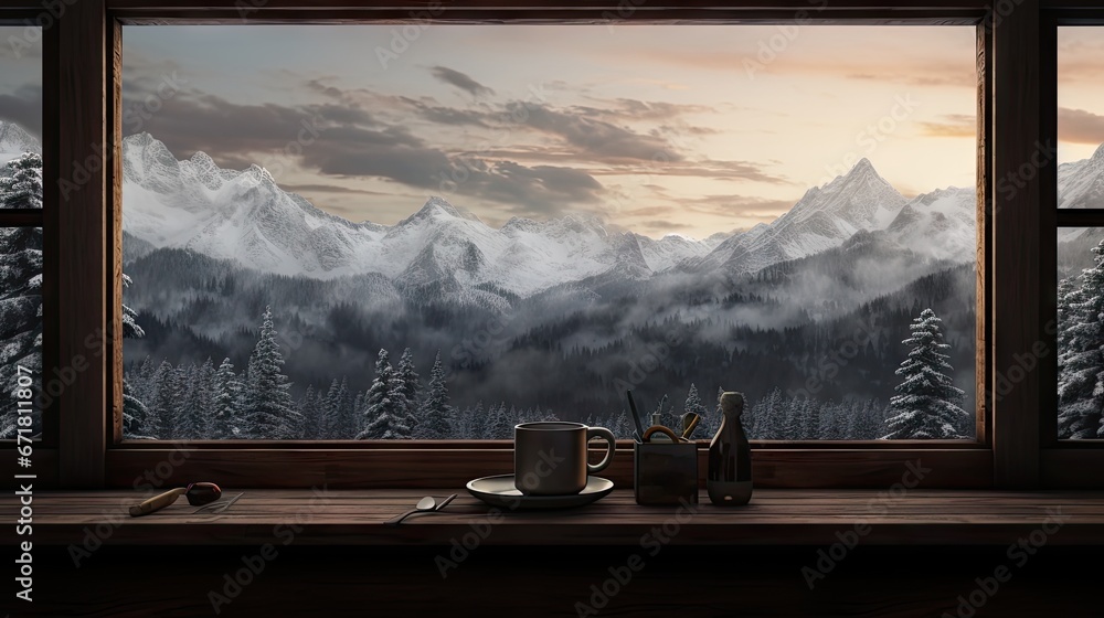 Poster a window view of a mountain range with a cup of coffee and a bottle of wine on a table in front of i