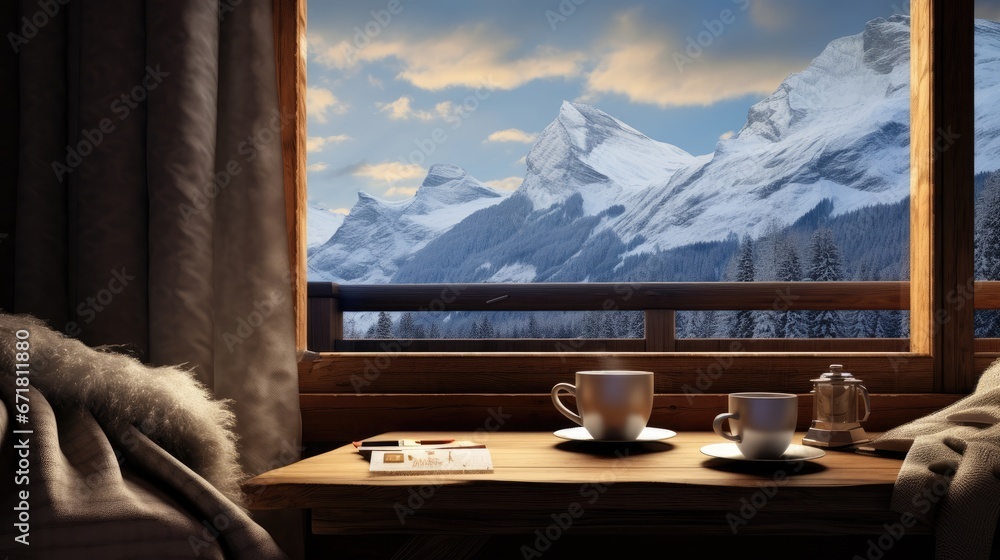 Poster two cups of coffee sit on a table in front of a window with a view of a snowy mountain range. genera