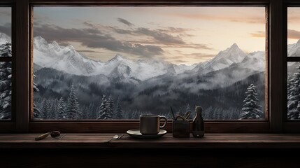  a window view of a mountain range with a cup of coffee and a bottle of wine on a table in front of it.  generative ai