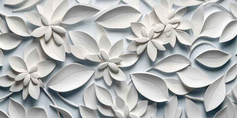 Panoramic White Geometric Floral Leaves 3D Tiles Wall Texture Background - obrazy, fototapety, plakaty