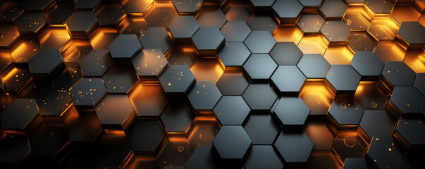 3D Abstract Digital Technology: Glowing Hexagonal Background in Luxurious Gold, Brown, Gray, and Black - obrazy, fototapety, plakaty