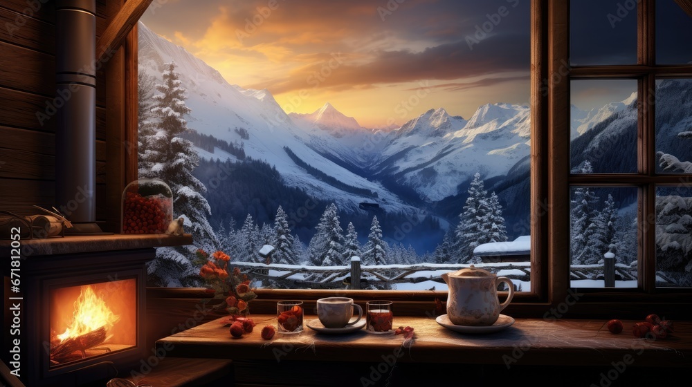 Poster a painting of a snowy mountain scene with a cup of coffee and a mug on a table in front of a window.