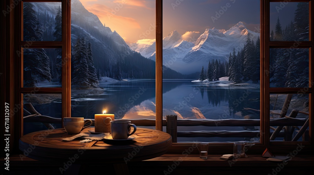 Poster a table with a cup of coffee and a lit candle on it in front of a window overlooking a mountain lake