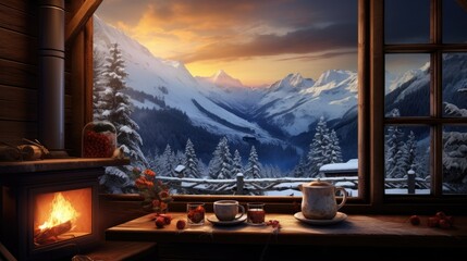  a painting of a snowy mountain scene with a cup of coffee and a mug on a table in front of a window.  generative ai