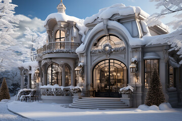 Futuristic beautiful hollidays, red christmass decoration, day time, white snow in the mountain with decorative Christmas trees and gifts inside, futuristic sky background. AI Generative