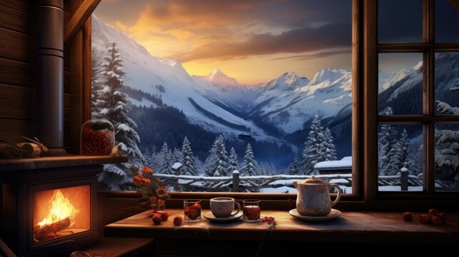 Fototapeta  a painting of a snowy mountain scene with a cup of coffee and a mug on a table in front of a window.  generative ai