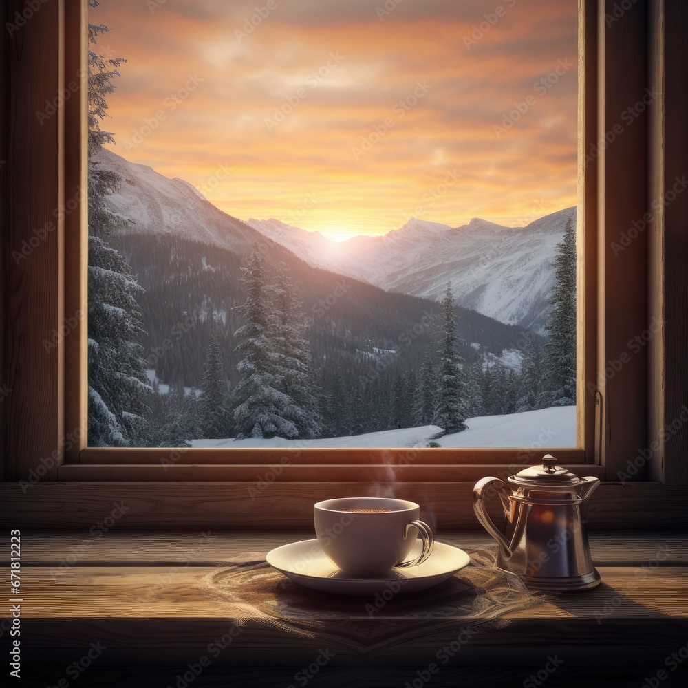 Aufkleber a cup of coffee sits on a table in front of a window with a view of a snowy mountain range. generati