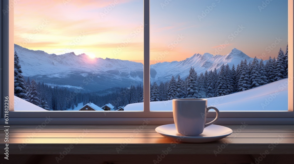 Poster a cup of coffee on a saucer in front of a window with a view of a snowy mountain range. generative a