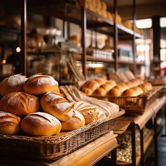 Assortment of fresh bread in bakery shop. Bakery and food concept - obrazy, fototapety, plakaty