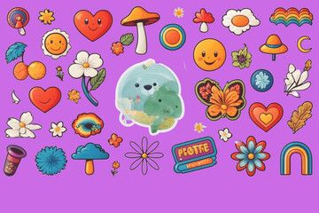 Set of Retro 70s Groovy Elements: Cute Funky Hippy Stickers Featuring Cartoon Daisy Flowers, Mushrooms, Peace Sign, Heart, Rainbow, and More. Positive Symbols and Badges Isolated on a White Background