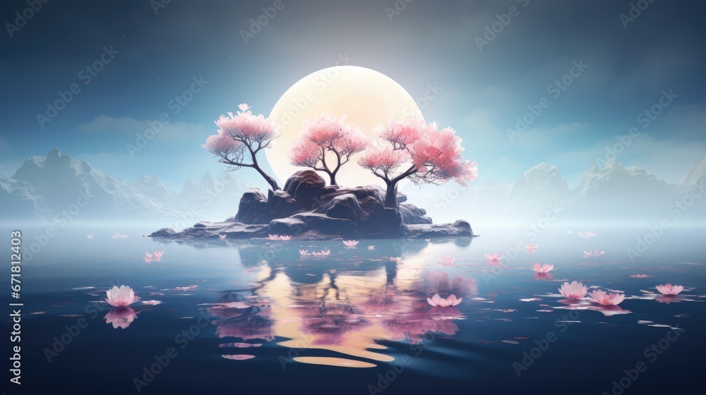 Poster a painting of a small island in the middle of a lake with water lilies floating on top of it. genera