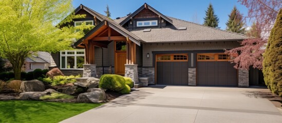 Custom craftsman home with three car garage lush landscaping and spring foliage - obrazy, fototapety, plakaty