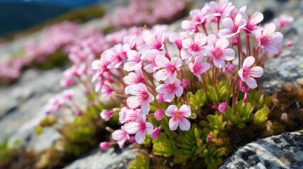  small pink flowers growing out of a crack in a rock wall with moss growing out of the cracks in the rocks.  generative ai