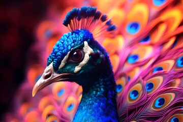 The intricate details of a peacock's iridescent plumage.
