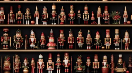  a shelf filled with lots of nutcrackers and figurines on top of wooden shelves next to each other.  generative ai