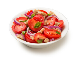 Italian salad Panzanella tomatoes pieces of bread and onions in a salad bowl isolated on white background. - 671813684