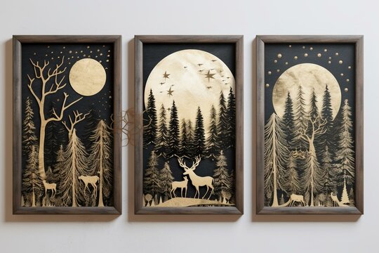 A Set Of 3 Canvas Art Frames Featuring Christmas Trees, Deer, Mountains, And A Golden Moon In A Dark 3D Landscape. Generative AI