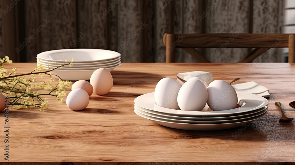 Poster a close up of a plate of eggs on a table with other plates and utensils in the background. generativ