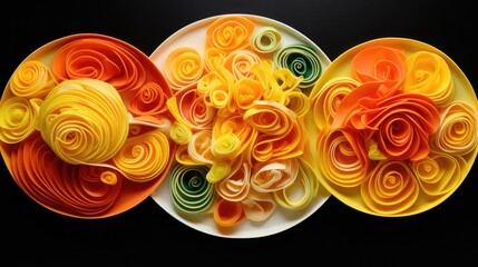  a close up of a plate of food with different colors of paper flowers on the side of the plate and on the other side of the plate is a black background.  generative ai