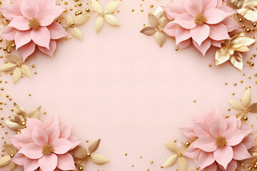 golden poinsettia flower pattern frame border on a pastel pink background with copy space