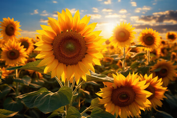Obraz premium A radiant field of sunflowers in full bloom, basking in the golden glow of a summer's day. Generative Ai.