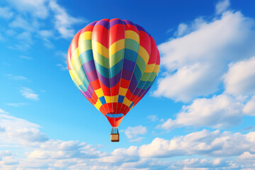 Naklejka premium A close-up of a colorful hot air balloon floating gracefully against the backdrop of a clear, blue sky, reflecting the joy of ballooning. Generative Ai.