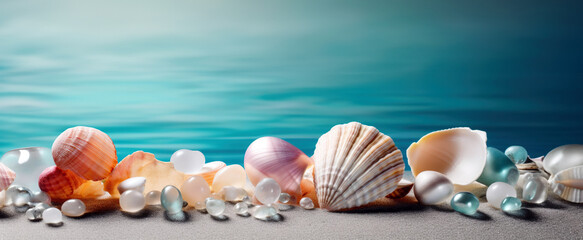 Obraz na płótnie Canvas Azure beachscape with assortment of shells, pebbles, and ocean treasures