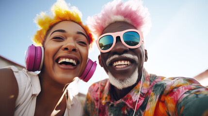 Excited multiethnic couple with headphones of broadcasters singing music live and having fun.