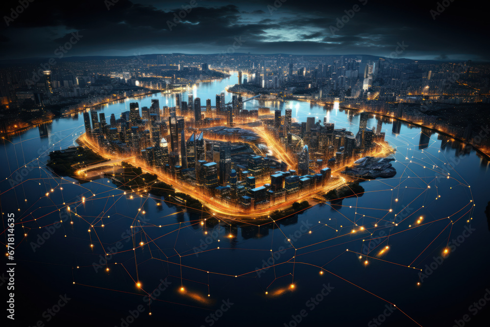 Canvas Prints a captivating aerial view of a city skyline at night, illuminated by a web of dazzling lights. gener