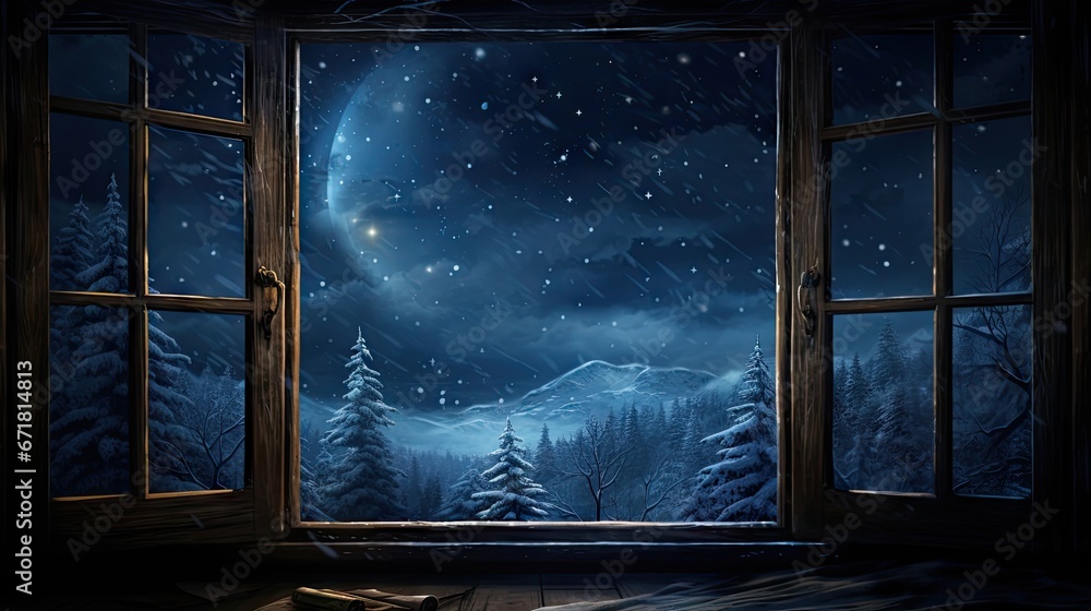 Aufkleber an open window with a view of a snowy forest and a night sky with stars and the moon in the sky. gen