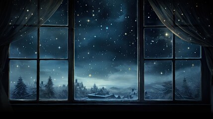 a window that has a view of a snowy night with stars in the sky and a town outside of the window.  generative ai