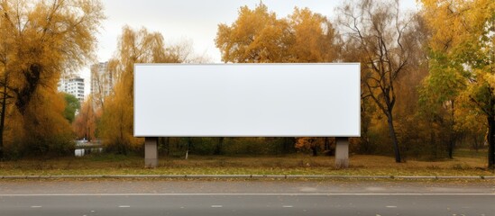 Autumnal urban park features large empty banner for mockup with white space