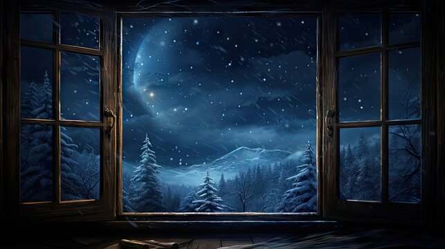  an open window with a view of a snowy forest and a night sky with stars and the moon in the sky.  generative ai