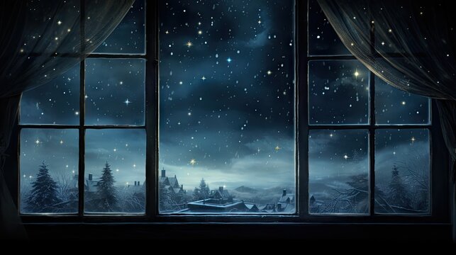 Fototapeta  a window that has a view of a snowy night with stars in the sky and a town outside of the window.  generative ai