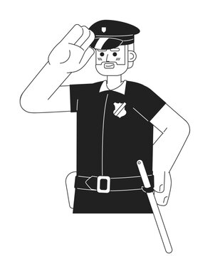 Caucasian bearded police officer male black and white 2D cartoon character. European sheriff policeman isolated vector outline person. Adult man cop saluting monochromatic flat spot illustration