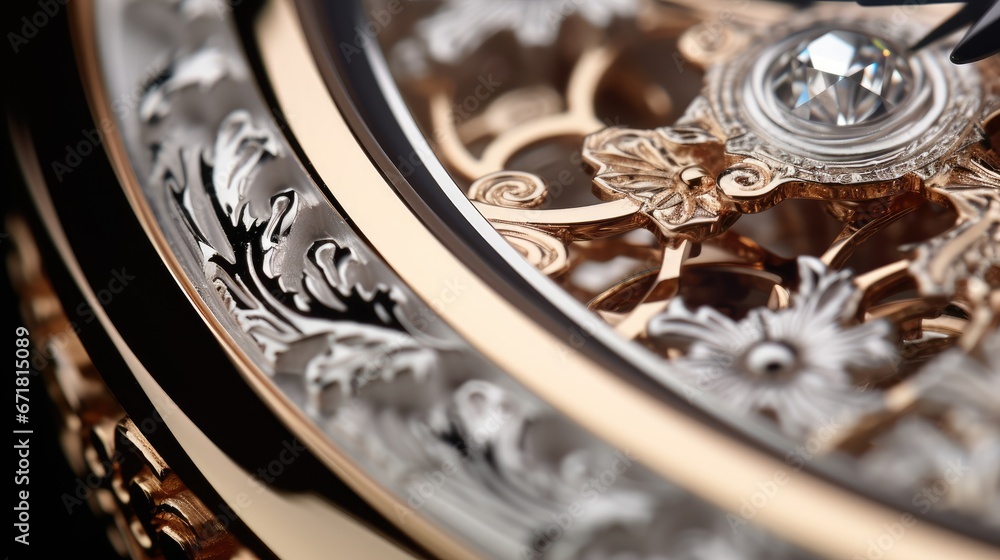 Poster a close up of a watch face with a diamond in the center of the face and an intricate design on the f