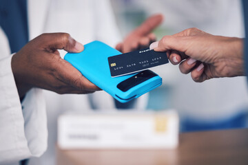 Pharmacist, hands and credit card on pos for payment, medication or buying healthcare product at pharmacy. Closeup of customer making purchase or transaction for pharmaceutical drugs or pills at shop - obrazy, fototapety, plakaty