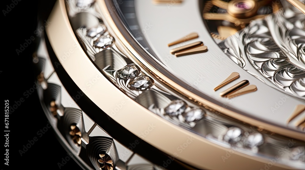 Poster a close up of a gold and silver watch with diamonds on the face of the watch and numbers on the face