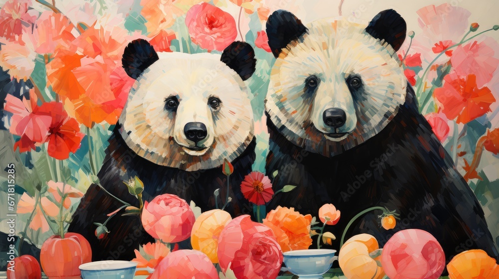 Poster a painting of two bears standing next to each other in front of a field of flowers and red and orang