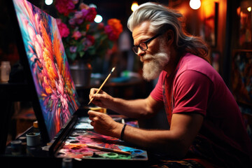 An artist absorbed in their work, using vibrant colors to bring a canvas to life, illustrating creative expression. Generative Ai.