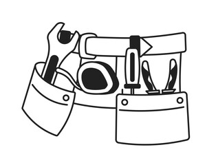 Tools belt on waist black and white 2D cartoon object. Carpenter instruments organizer, handyman pouch isolated vector outline item. Diy repair. Tool storage monochromatic flat spot illustration