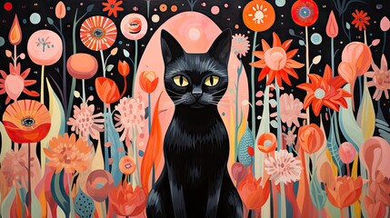  a painting of a black cat sitting in a field of red, orange, and pink flowers with a full moon in the background.  generative ai - Powered by Adobe