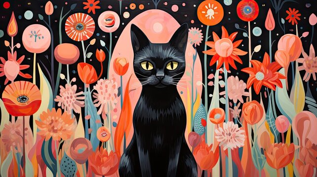  a painting of a black cat sitting in a field of red, orange, and pink flowers with a full moon in the background.  generative ai